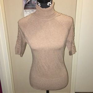 Cache Silky Beige Rayon Above Elbow Turtleneck with Criss Cross Sleeve Detail